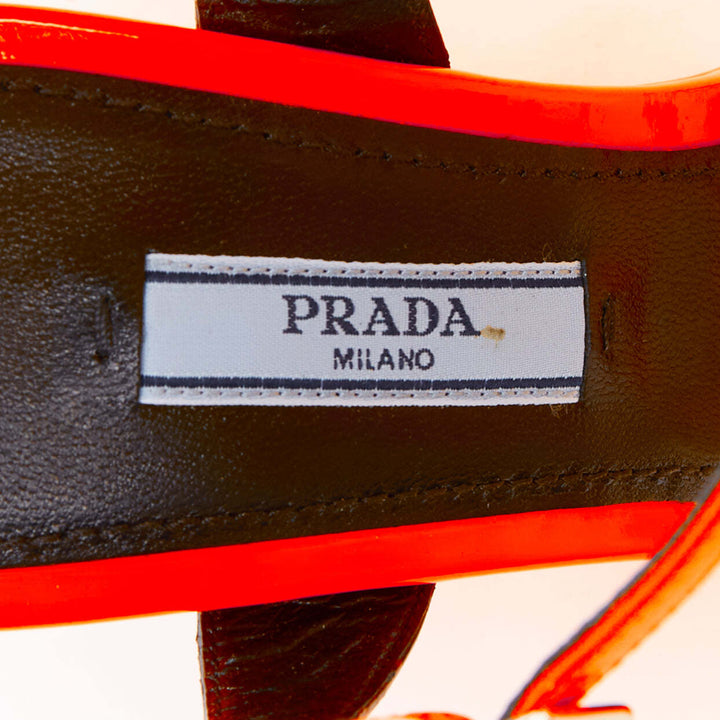 rare PRADA 2018 Flame Wedge neon orange patent Fire heel sandal EU37.5