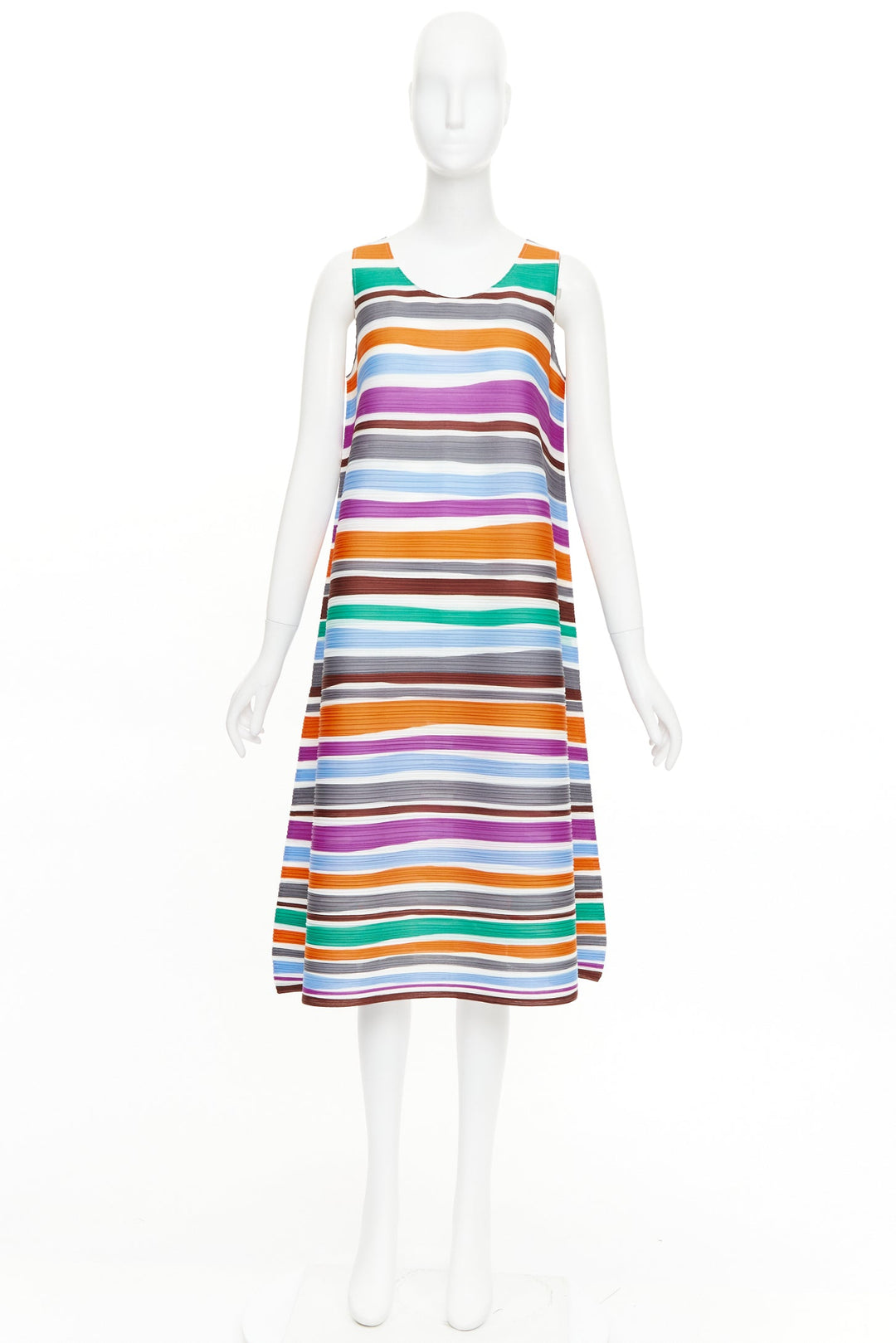 PLEATS PLEASE ISSEY MIYAKE multicolor striped sleeveless trapeze dress JP3 L