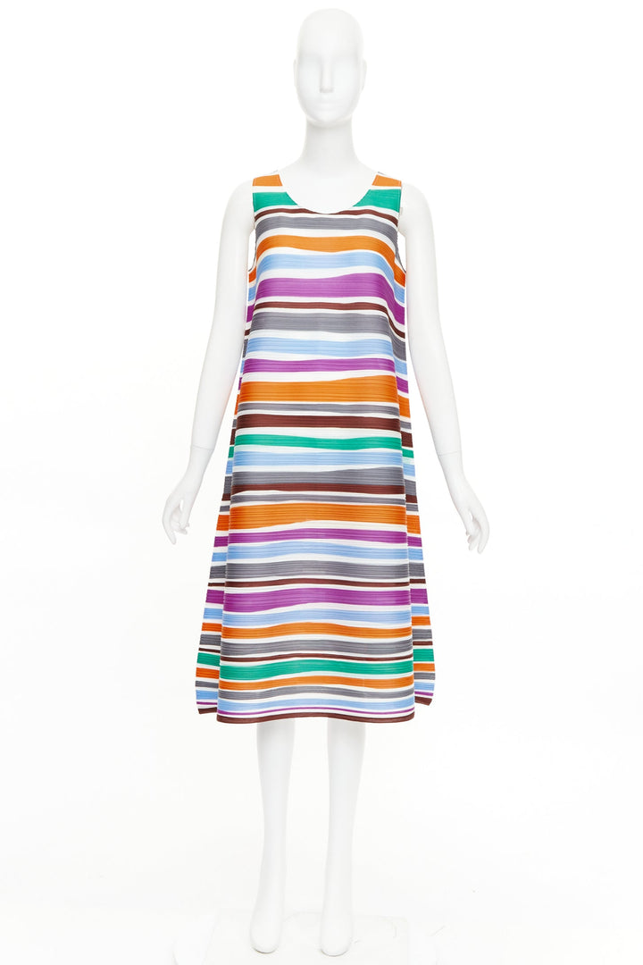 PLEATS PLEASE ISSEY MIYAKE multicolor striped sleeveless trapeze dress JP3 L