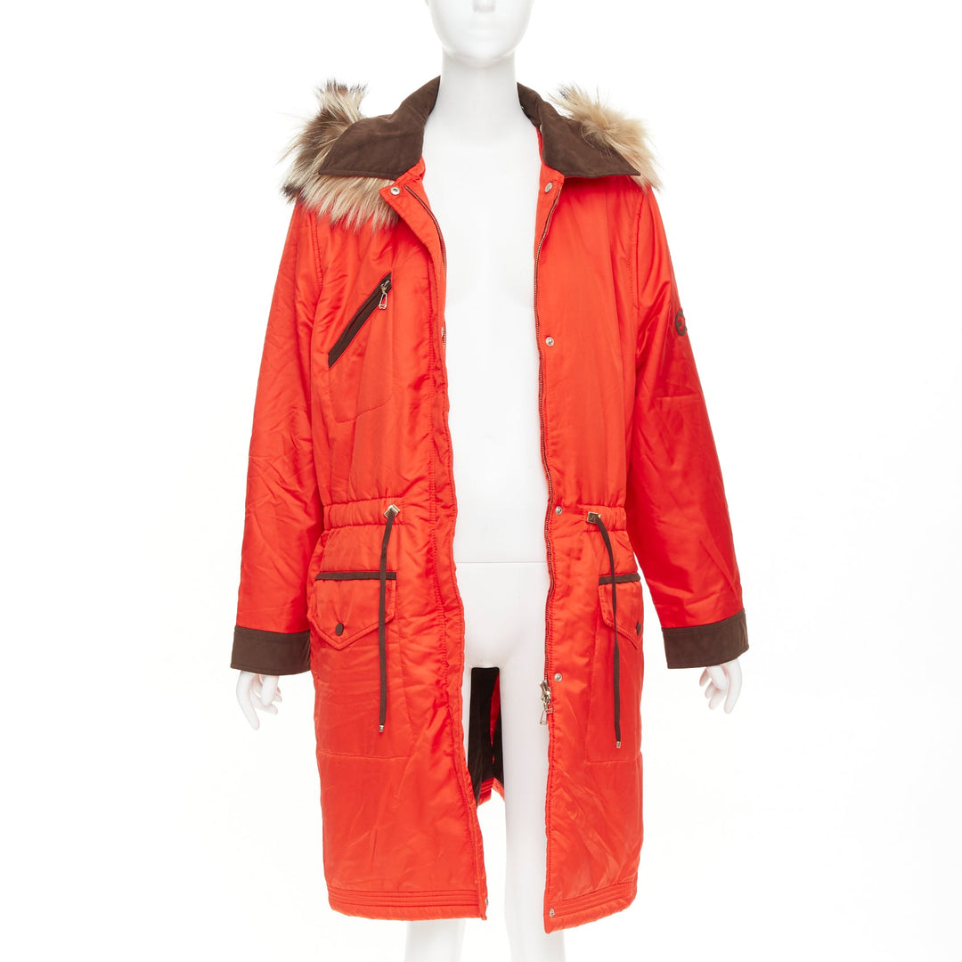 ESCADA orange nylon fur trimmed hood long parka coat IT42 M