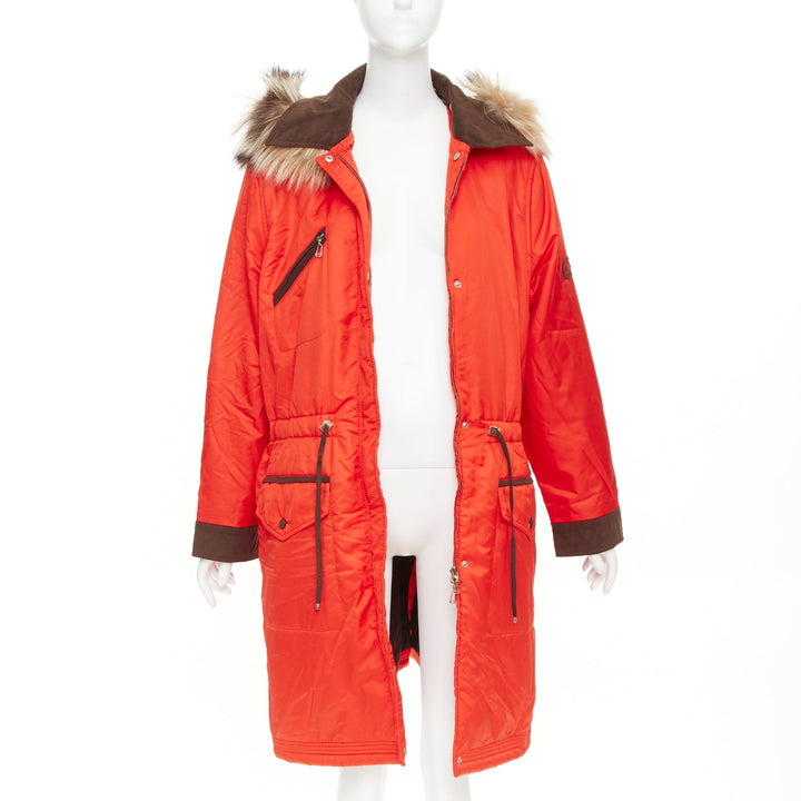 ESCADA orange nylon fur trimmed hood long parka coat IT42 M