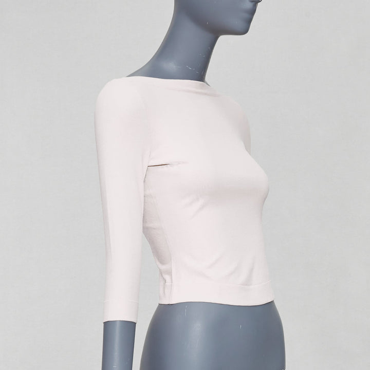 ALAIA white viscose blend cropped sleeved bateau neck sweater FR36 S