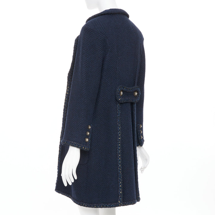 CHANEL 2015 Paris Salzburg navy alpaca blend braid trim open tweed coat FR34 XS