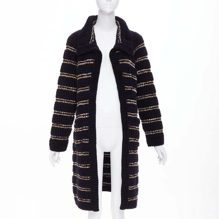 CHANEL 20A Runway navy gold wool blend tweed striped knit cardigan coat FR34 XS