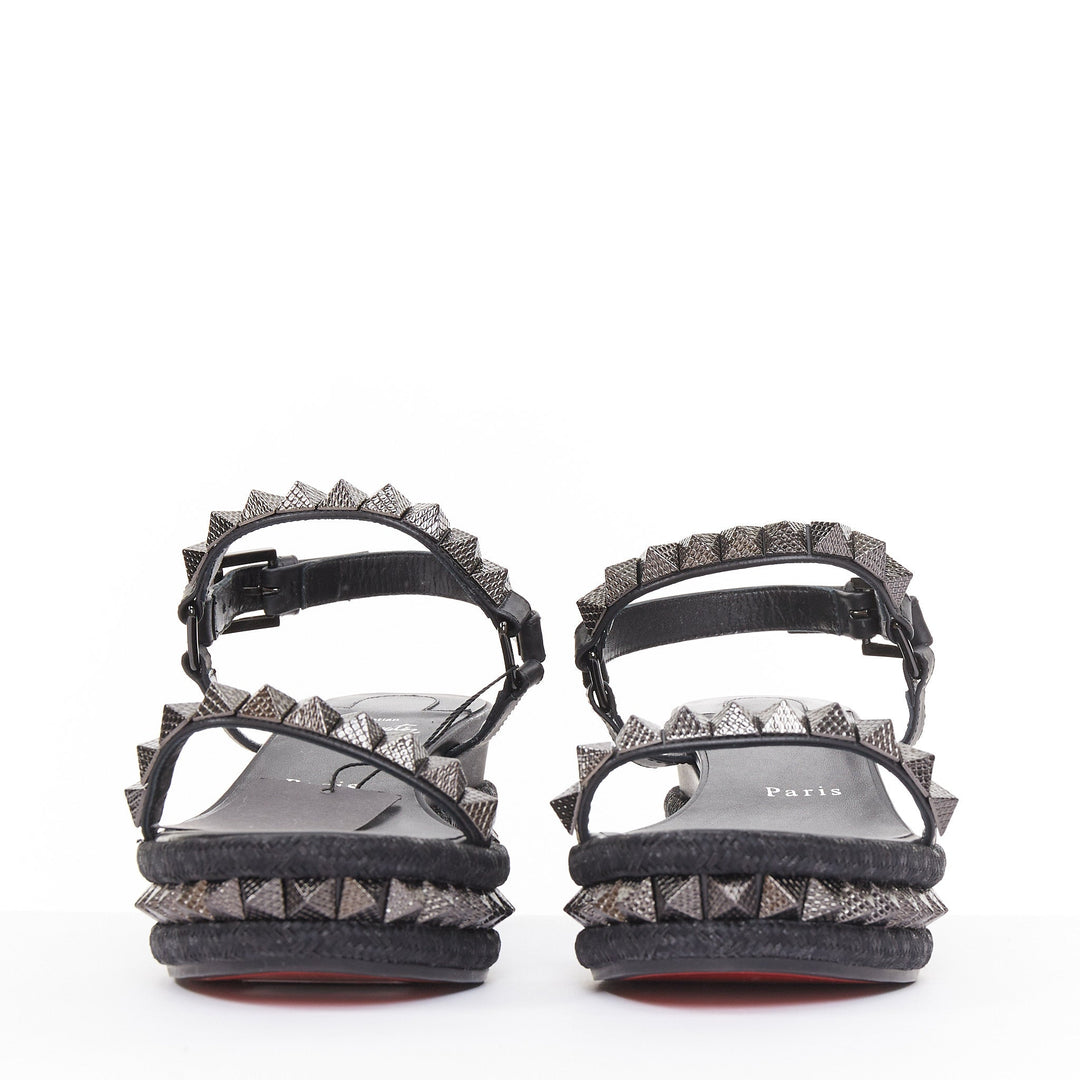 CHRISTIAN LOUBOUTIN Pyraclou 60 black leather spikes platform wedges EU37