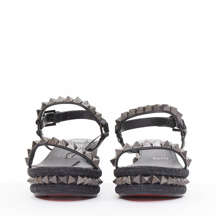 CHRISTIAN LOUBOUTIN Pyraclou 60 black leather spikes platform wedges EU38