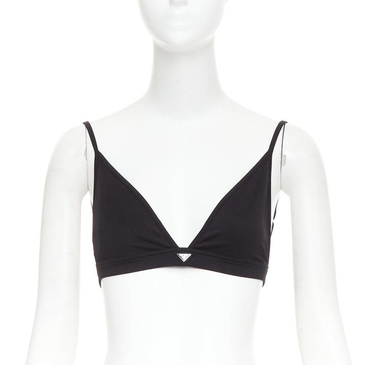 PRADA 2022 black jersey triangle logo plate plunging bralette top IT38 XS