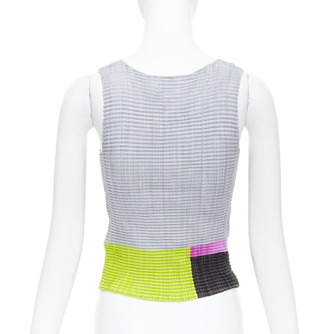 ISSEY MIYAKE neon green pink grey colorblock pleated tank top M