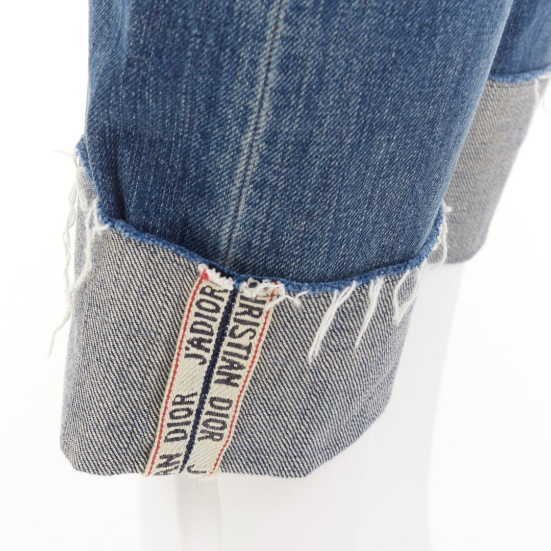 DIOR CD 01 blue denim logo tape cuff frayed boyfriend cropped jeans FR36 S