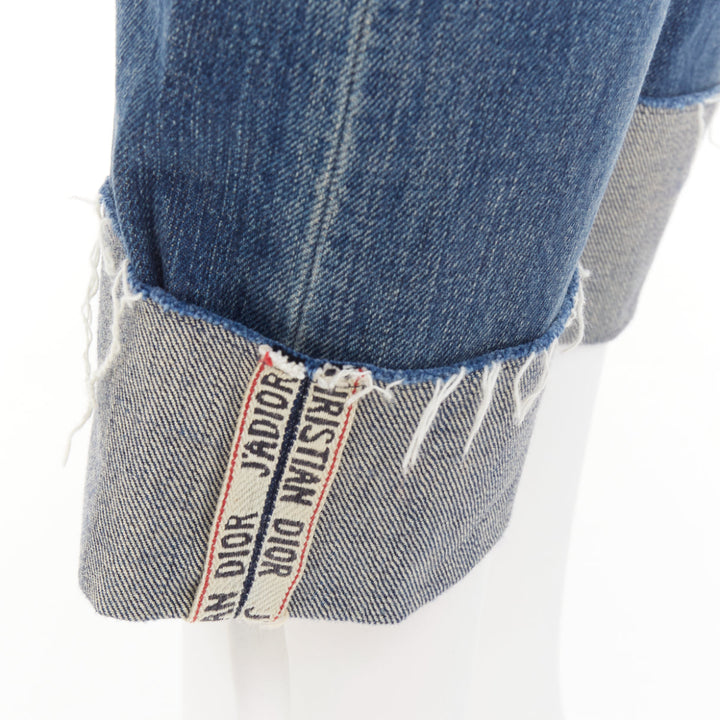DIOR CD 01 blue denim logo tape cuff frayed boyfriend cropped jeans FR36 S