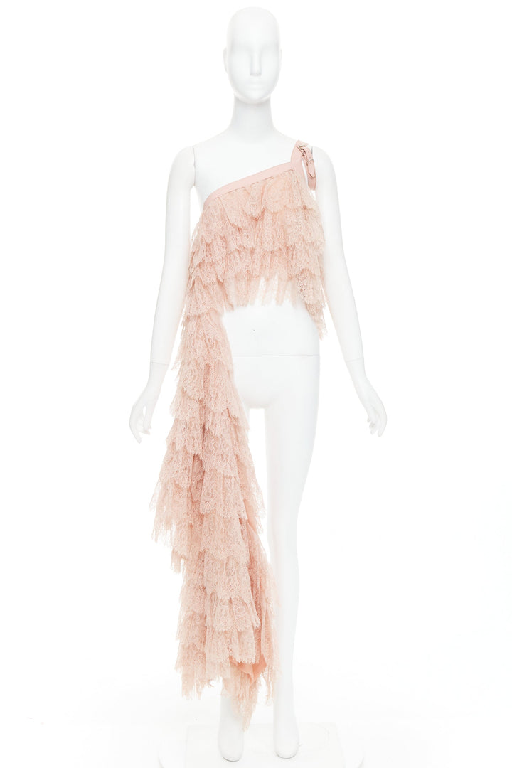 ALEXANDER MCQUEEN 2007 Runway pink lace leather cascade drape ruffle top IT38 XS