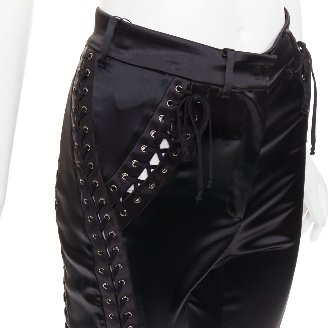 DOLCE GABBANA black satin eyelet corset lace detail cropped skinny pants IT38 XS