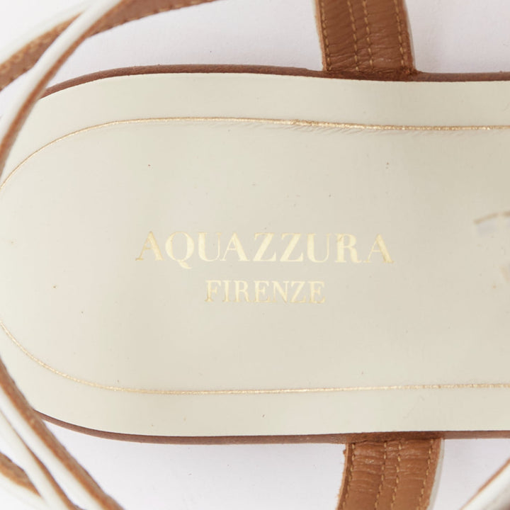 AQUAZZURA off white fringe trim T bar strap flat sandals EU37
