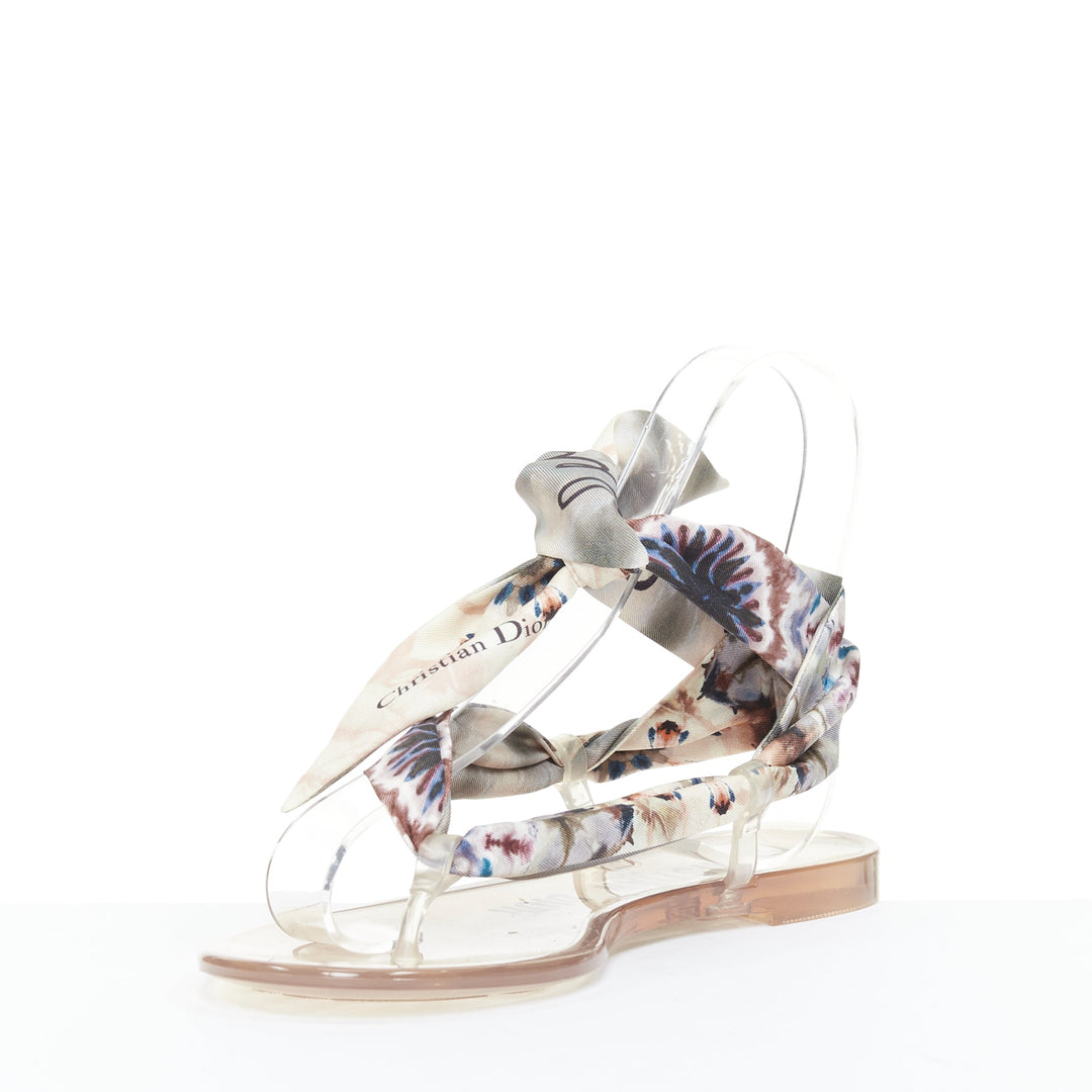 CHRISTIAN DIOR 2019 multicolor Kaleidiorscopic silk tie flat sandals EU38