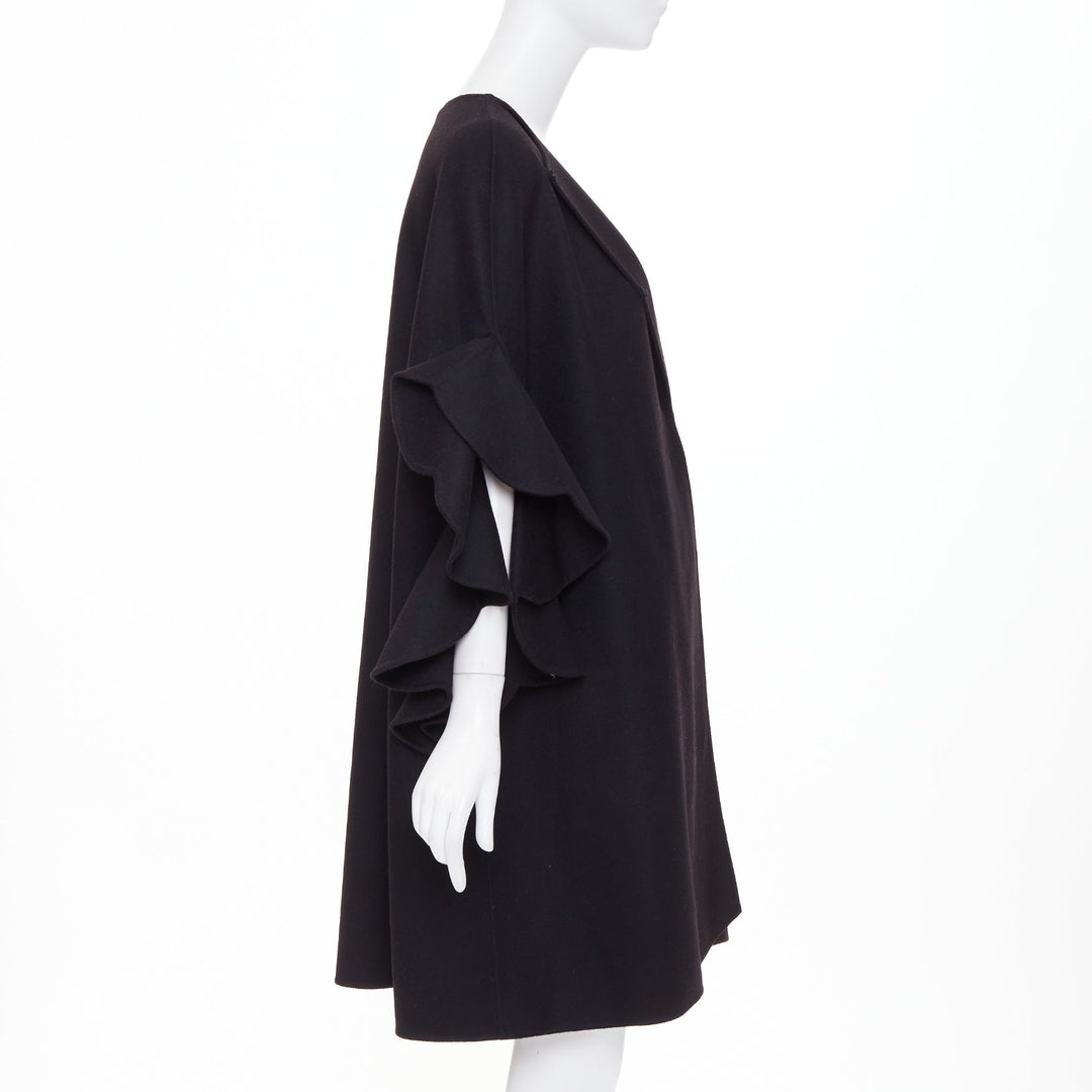VALENTINO black virgin wool cashmere blend tiered ruffle sleeve overcoat IT46 XL