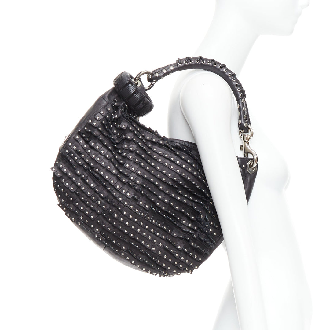 JIMMY CHOO Sky black studded suede fringe cuff strap hobo bag