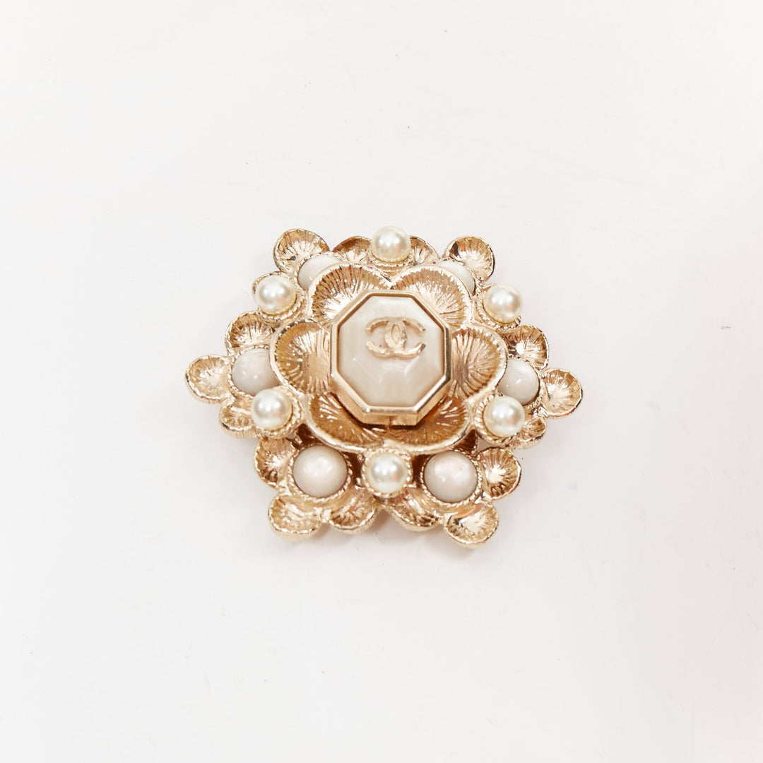 CHANEL B16C gold tone CC faux pearl embellished floral octogon medallion brooch