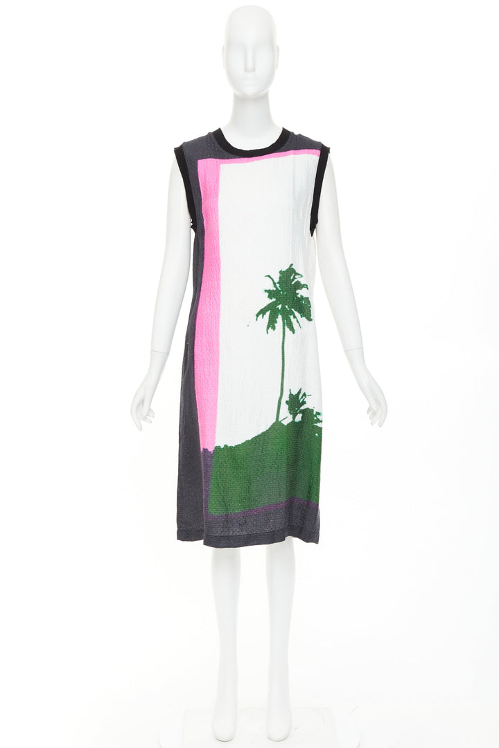 DRIES VAN NOTEN 2020 Len Lye linen blend palm tree print shift dress FR38 M