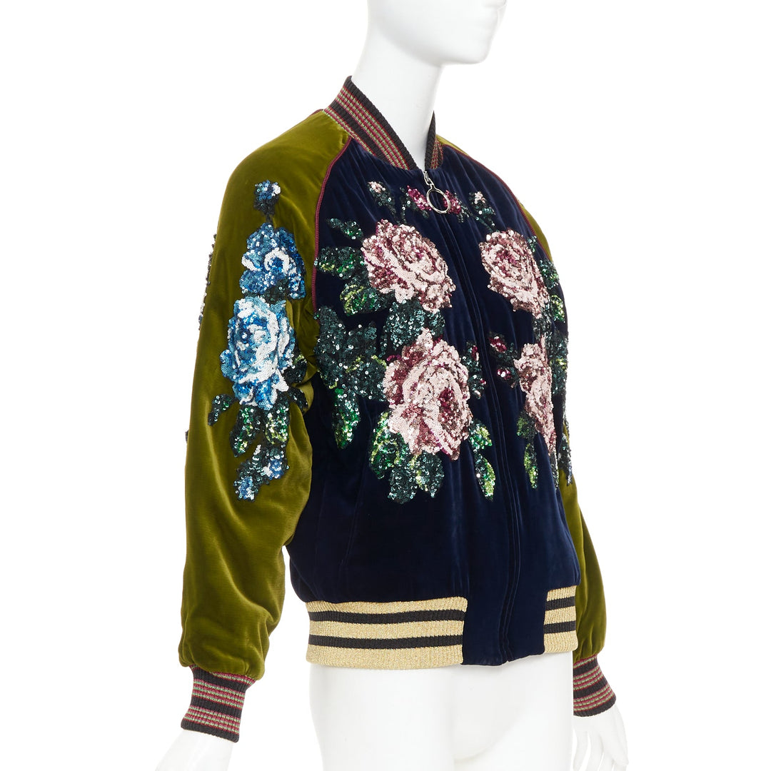 GUCCI Alessandro Michele 2017 navy olive rose sequin velvet bomber jacket IT40 S