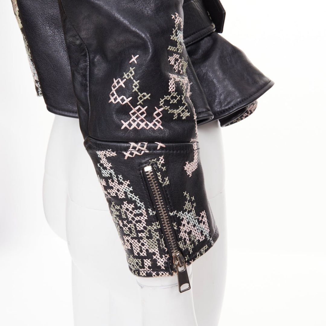 ALEXANDER MCQUEEN Cross Stitch Leather Moto floral peplum jacket IT40 S