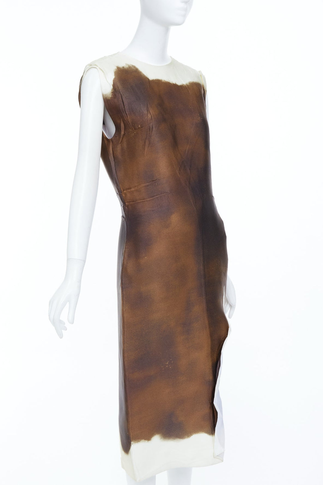 PRADA 2023 Runway brown watercolor print satin creased paper effect dress IT40 S