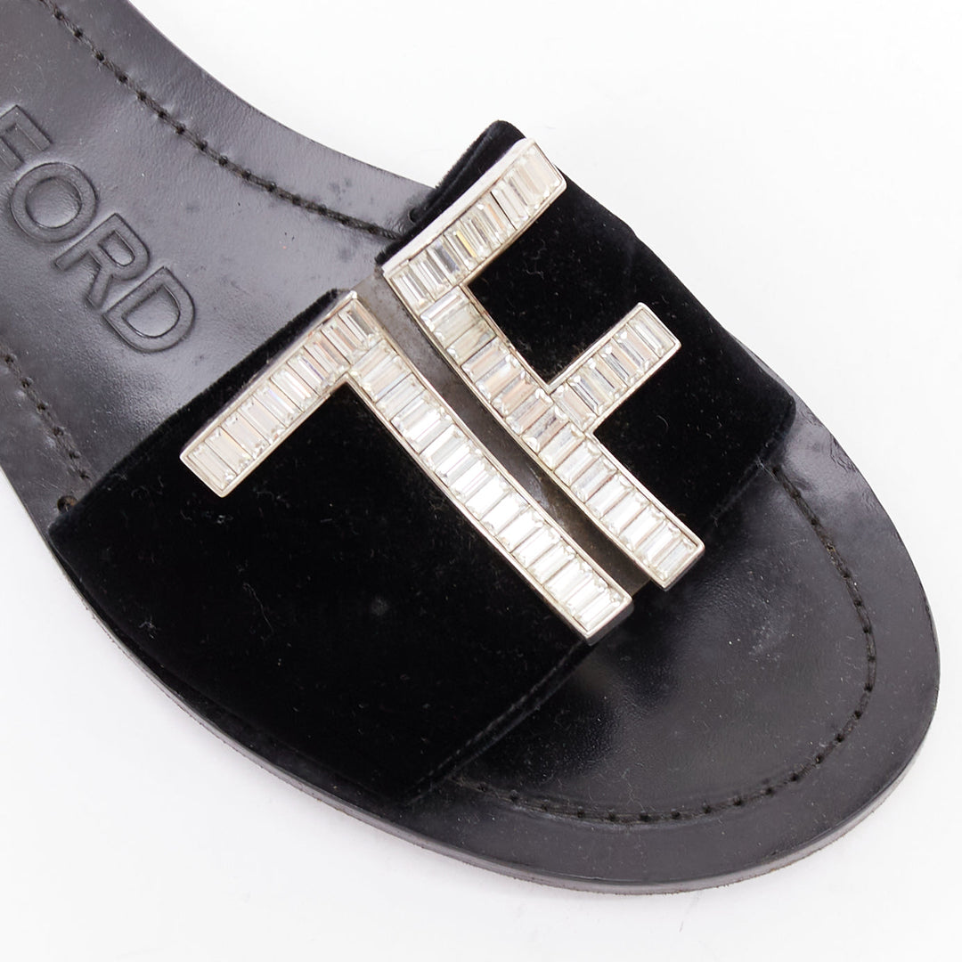 TOM FORD black velvet silver big crystal TF embellished flat sandals EU38