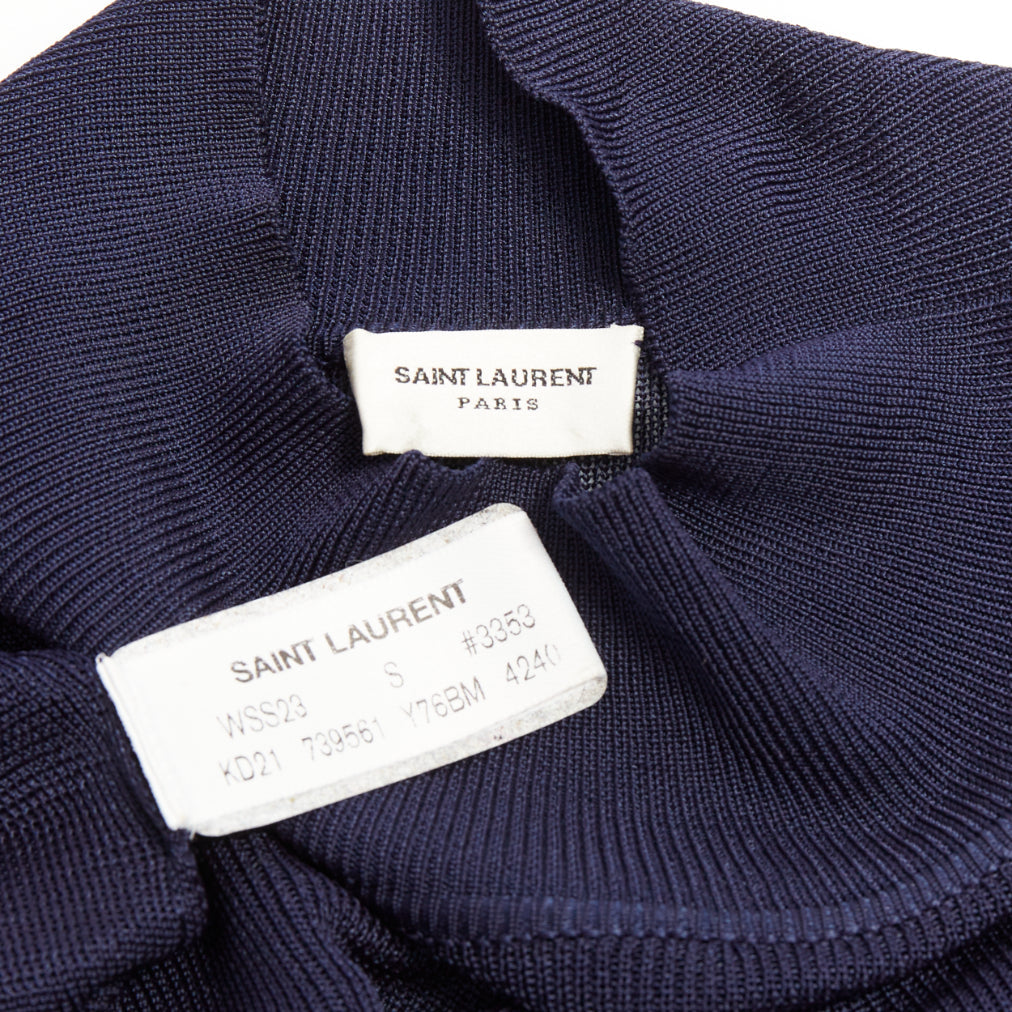 SAINT LAURENT 2023 Runway navy blue fine viscose mesh turtleneck sheer dress S