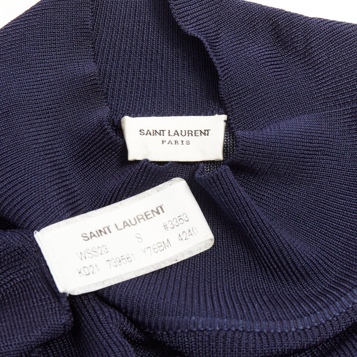 SAINT LAURENT 2023 Runway navy blue fine viscose mesh turtleneck sheer dress S