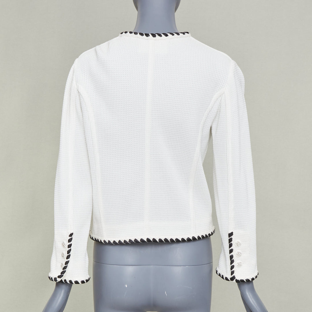 CHANEL 2021 Cruise white twist braid waffle knit crystal button jacket FR34 XX