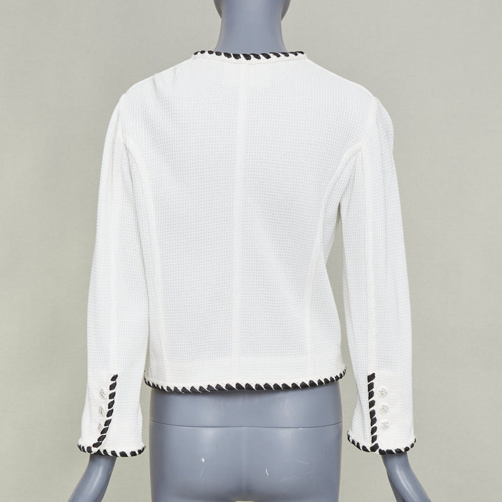 CHANEL 2021 Cruise white twist braid waffle knit crystal button jacket FR34 XX