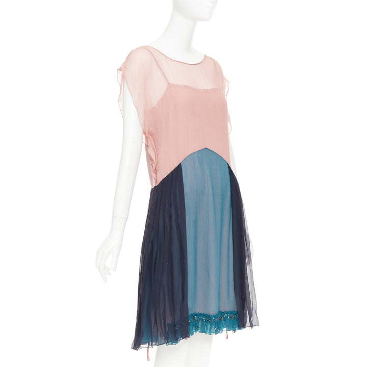 PRADA 2015 silk chiffon paneled colorblocked embellished cocktail dress IT40 S