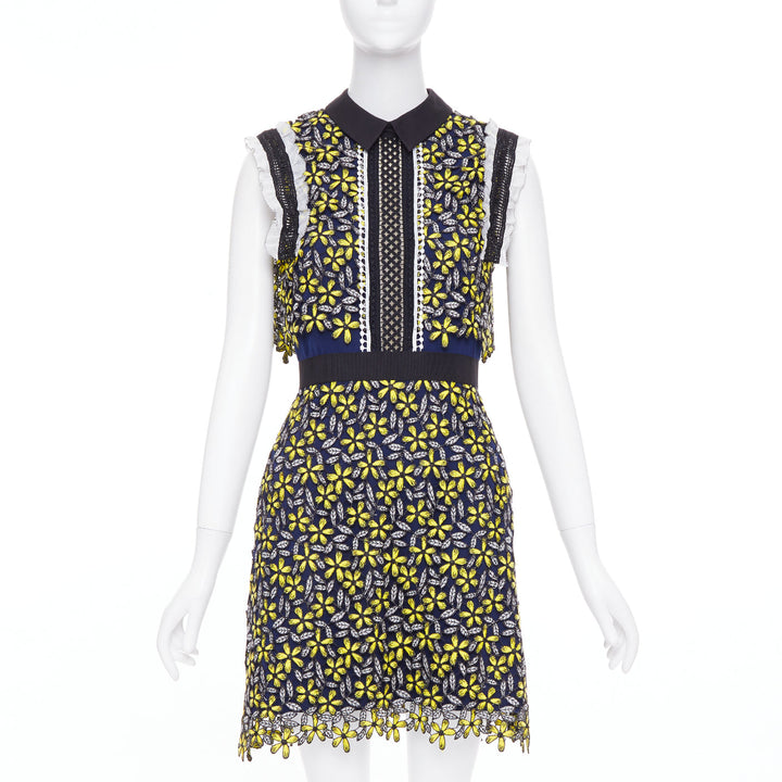 SELF PORTRAIT Eleina Sculpted Daisy Guipure yellow lace floral dress UK4 XXS