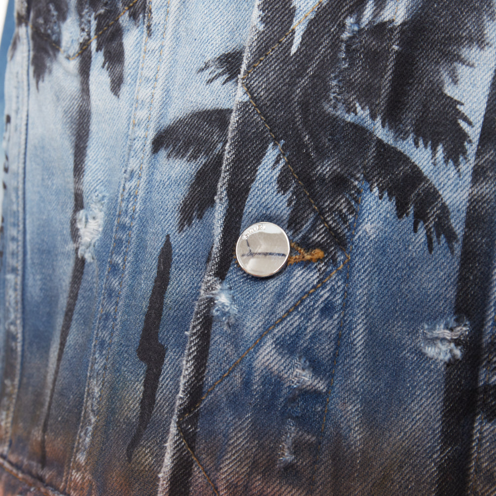 AMIRI 2017 Palm Tree Sunset airbrush blue distressed denim trucker jacket XS