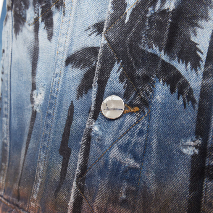 AMIRI 2017 Palm Tree Sunset airbrush blue distressed denim trucker jacket XS