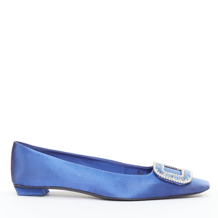 ROGER VIVIER Dec Belle Strass cobalt blue satin crystal buckle flats EU37.5