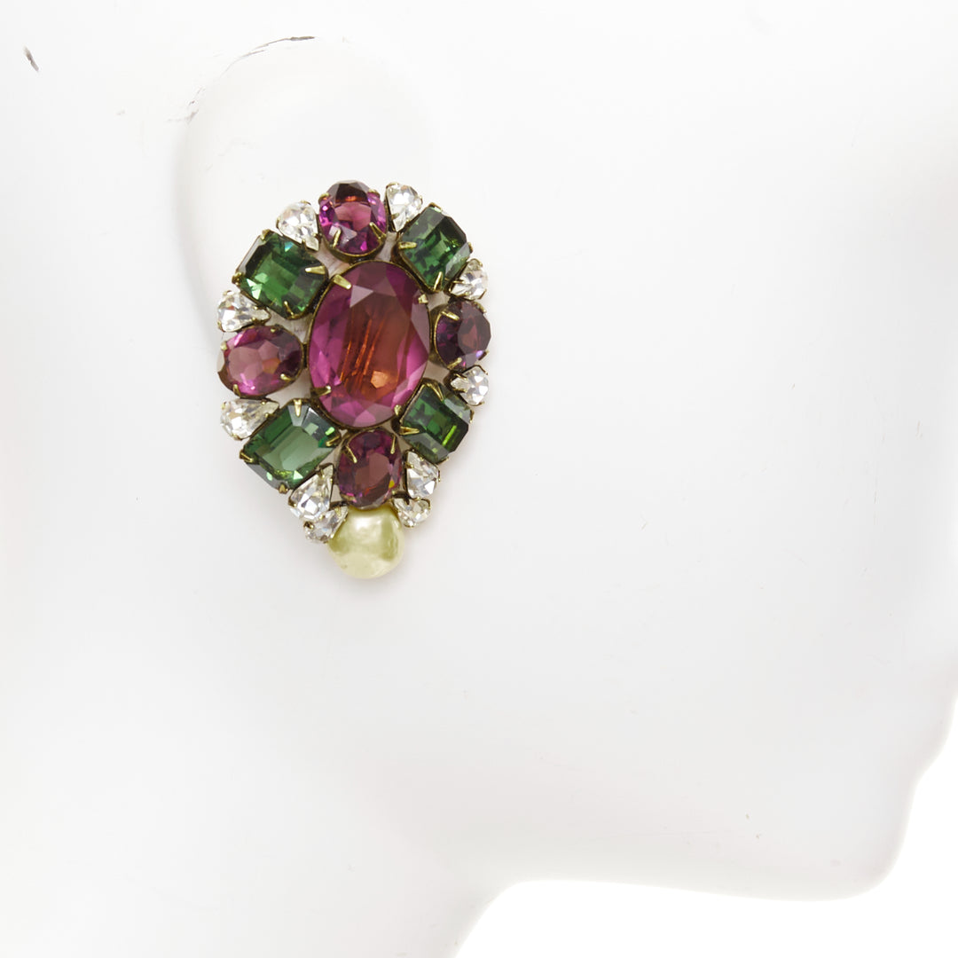 IRAJ MOINI purple green silver giant stones faux pearl clip on earrings Pair