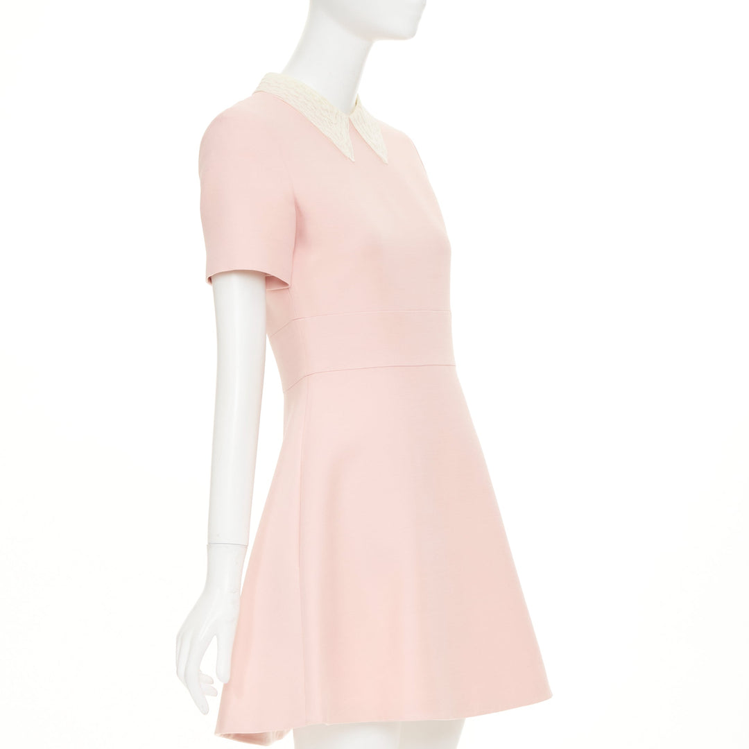CHRISTIAN DIOR cream lace collar blush pink wool silk fit flare dress FR38 M