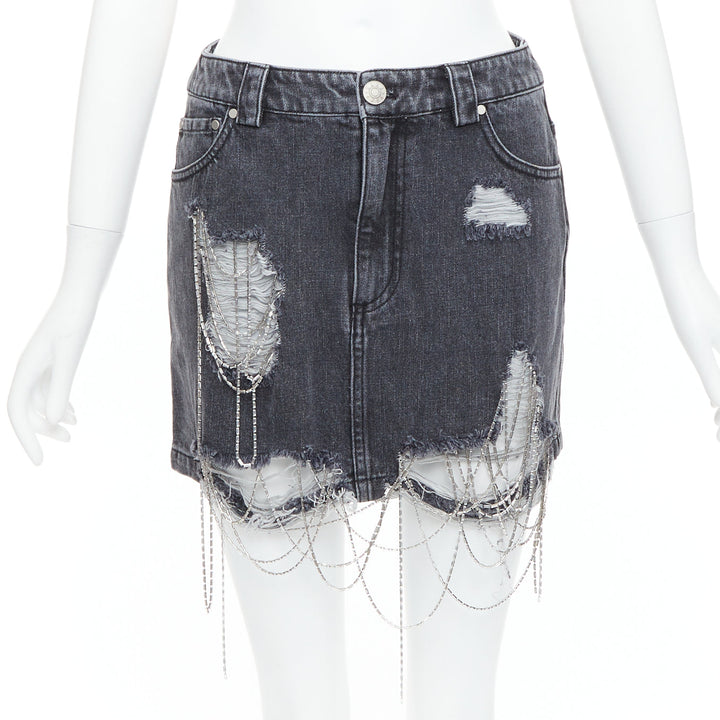 MARK GONG grey denim distressed beaded fringe mini skirt IT36 XXS