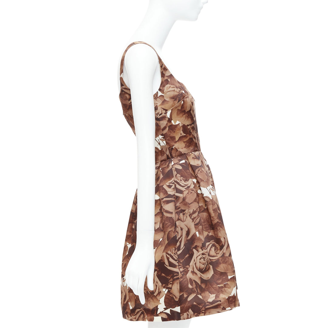 CHRISTOPHER KANE 100% silk brown rose floral print fit flare dress UK8 S