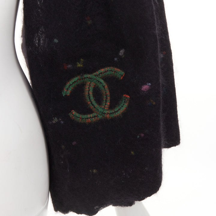 CHANEL 2024 black confetti speckle cashmere wool silk CC embroidered logo scarf