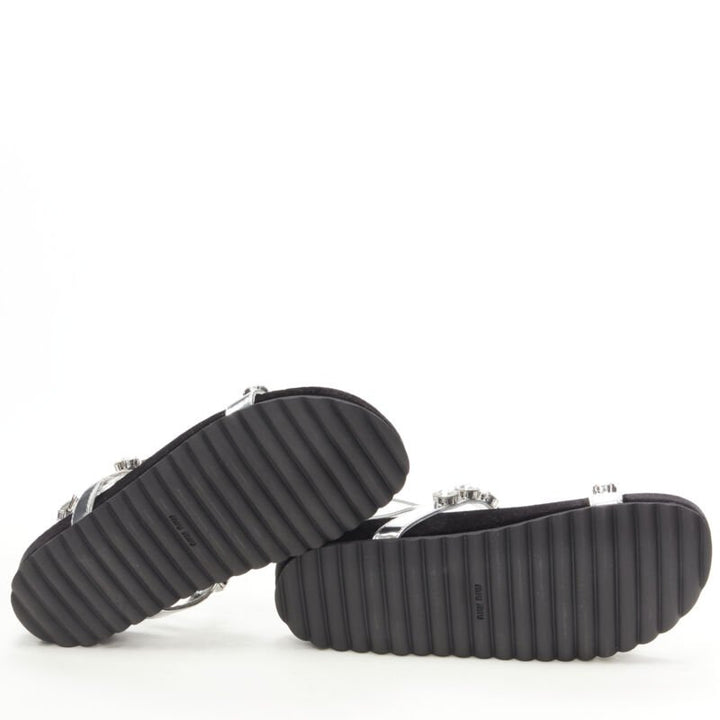 MIU MIU large rhinestone crystal metallic silver velvet flat sandals EU36