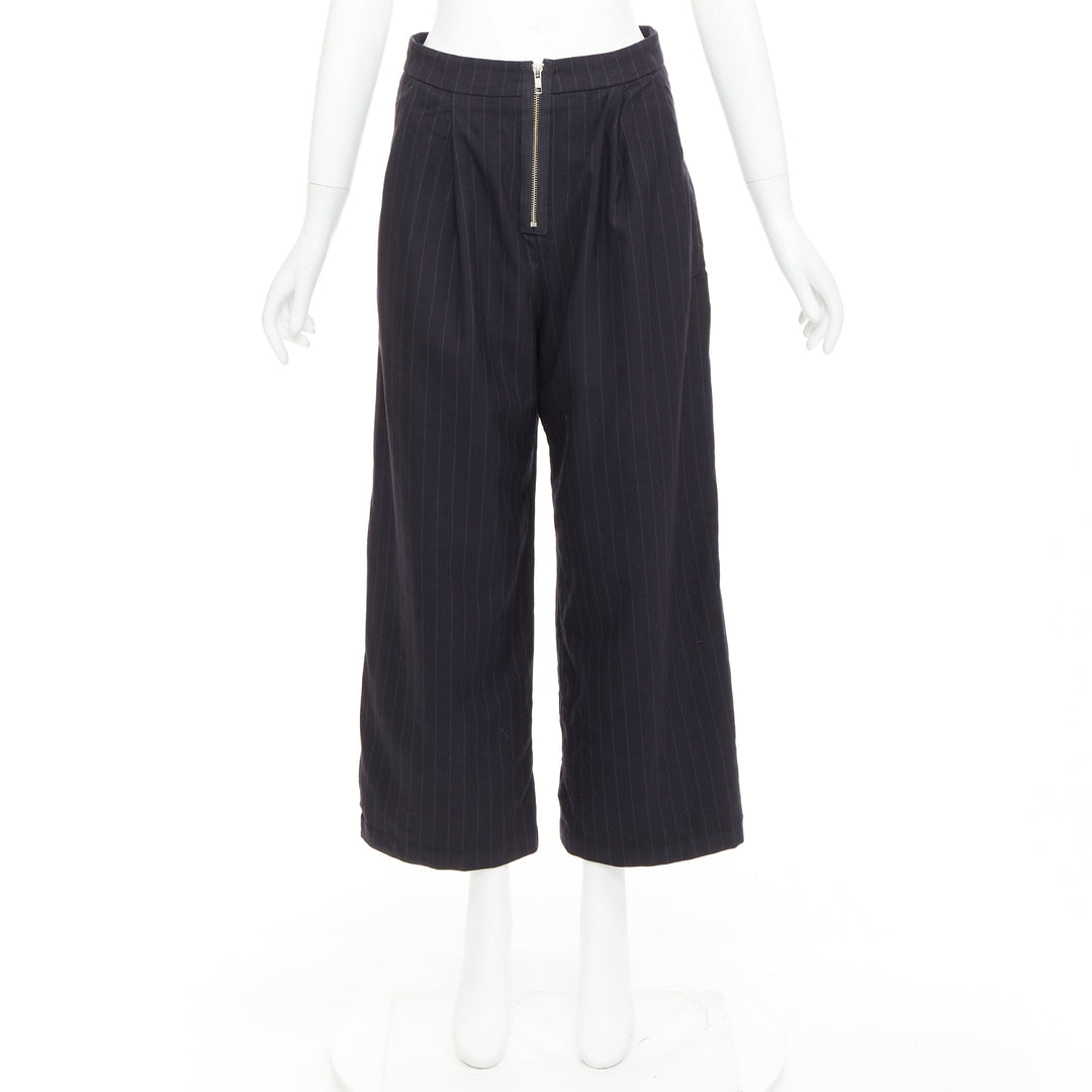 REFORMATION navy pinstripe surplus fabric silver zip fly wide pants US0 XS