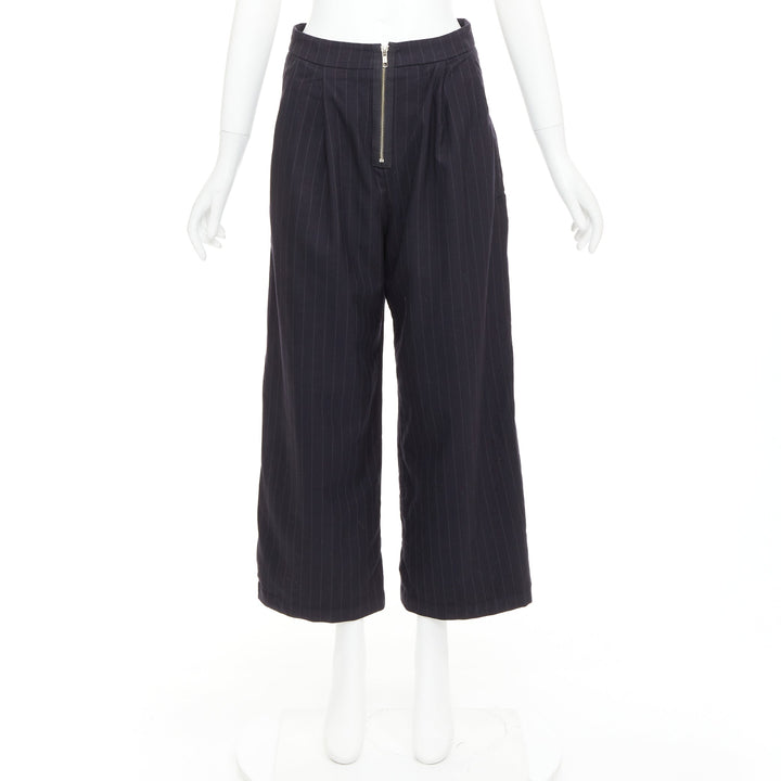 REFORMATION navy pinstripe surplus fabric silver zip fly wide pants US0 XS