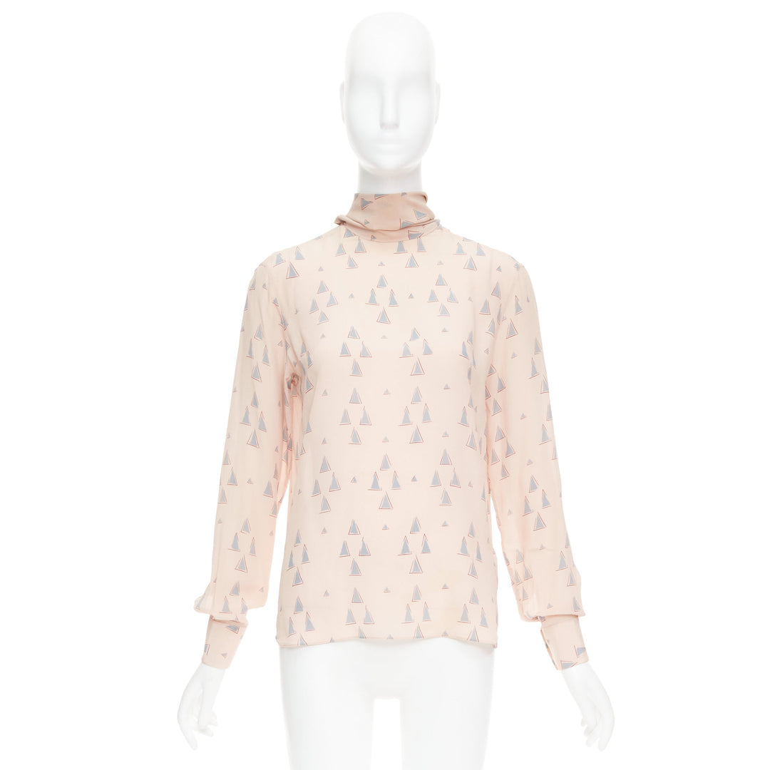 VALENTINO 100% silk blush pink grey triangle print tie neck blouse US4 S
