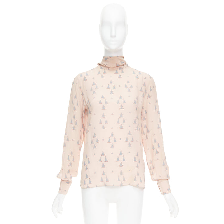 VALENTINO 100% silk blush pink grey triangle print tie neck blouse US4 S