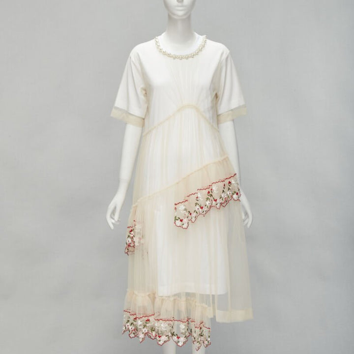 SIMONE ROCHA nude sheer floral embroidered tulle pearl collar dress S