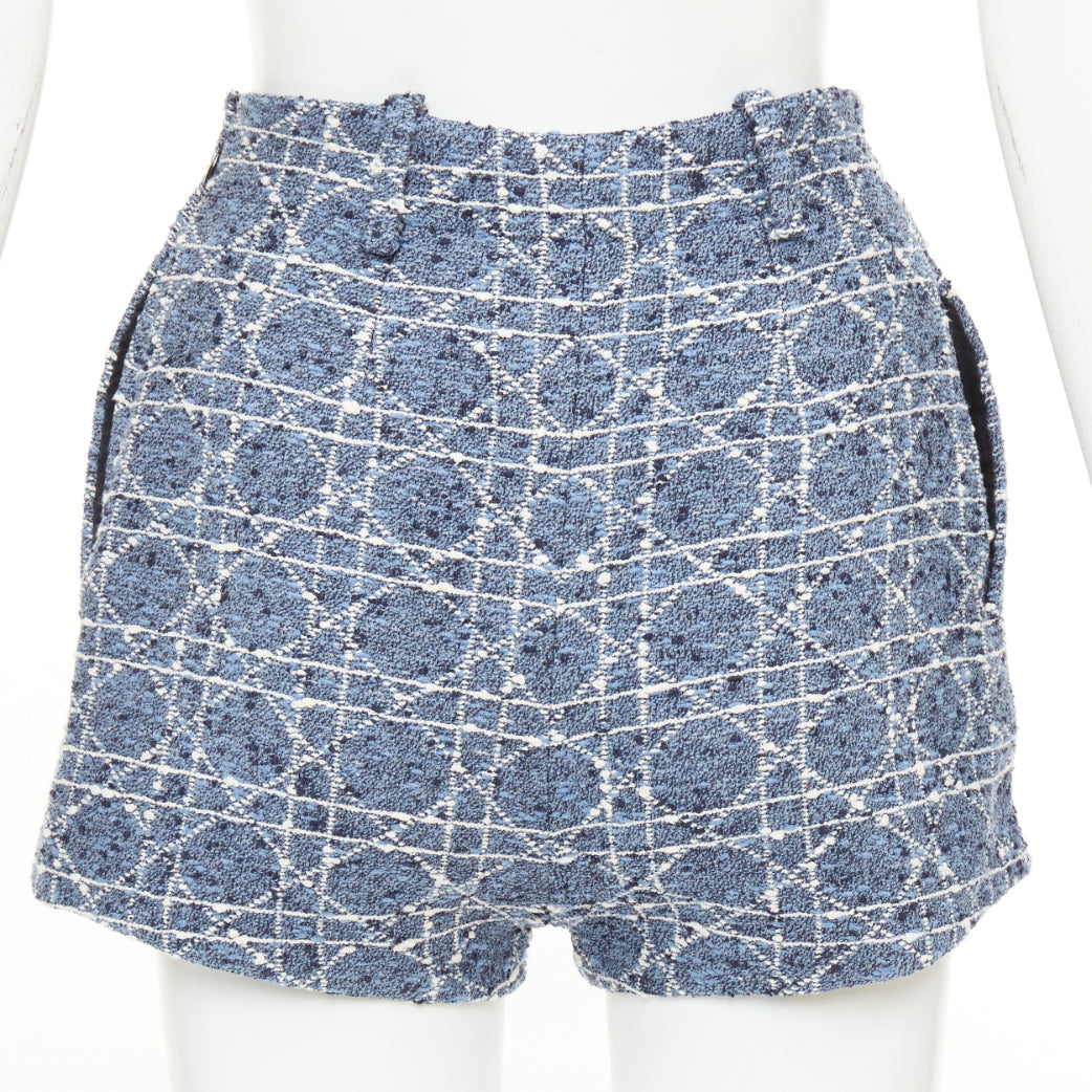 DIOR 2025 Macrocannage sky blue white cotton blend tweed woven shorts FR34 XS