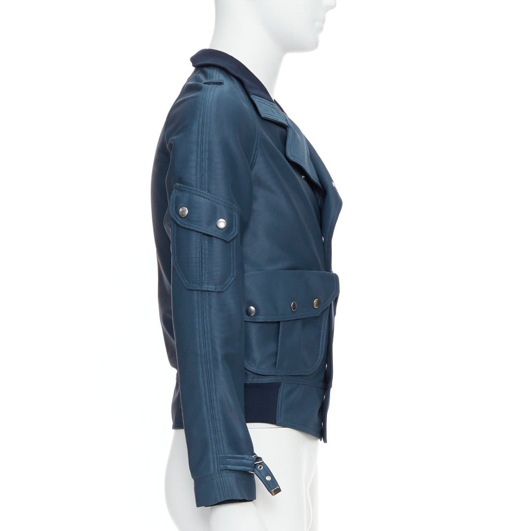 BALENCIAGA 2003 blue silver snap buttons cropped moto biker jacket FR46 S