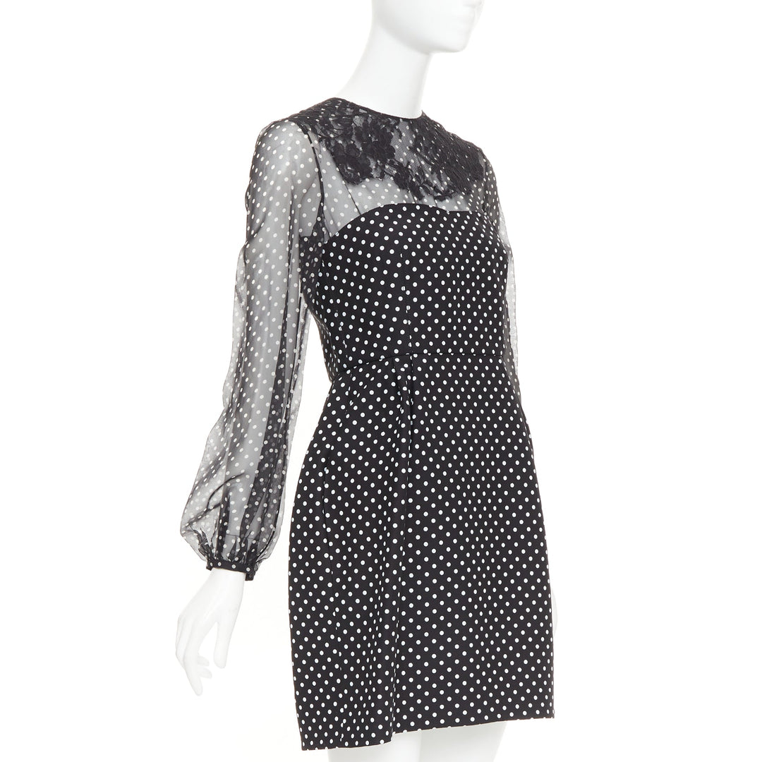 VALENTINO black white wool silk crepe polka dot lace overlay pleat dress IT40 S