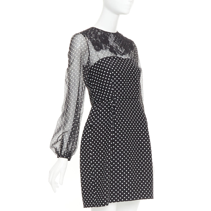 VALENTINO black white wool silk crepe polka dot lace overlay pleat dress IT40 S